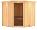 Karibu Sauna Jarin mit Eckeinstieg 68 mm-Ohne Ofen-inkl. Dachkranz-Ganzglast&uuml;r in