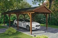 Skanholz Einzelcarport "Fichtelberg" Leimholz braun mit schwarzen Schindeln