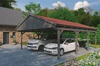Skanholz Doppelcarport "Fichtelberg" Leimholz dunkelgrau mit roten Schindeln