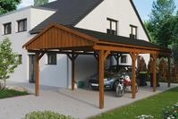 Skanholz Einzelcarport "Fichtelberg" Leimholz braun mit schwarzen Schindeln