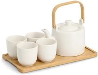 Zeller Present Geschirr-Set "Tee-Set, 6-tlg. Steingut/Bambus, wei&szlig;" Teekanne mit