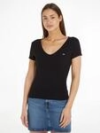 Kurzarmshirt TOMMY JEANS "TJW SLIM ESSENTIAL RIB V SHORT SLEEVE", Damen, Gr. XXS