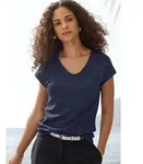 Kurzarmshirt LASCANA "mit silberfarbenem Glitzereffekt", Damen, Gr. 36/38, blau