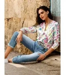 Langarmbluse HEINE, Damen, Gr. 46, ecru, limone, bedruckt, 98% Polyester, 2%