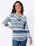 Langarmshirt CASUAL LOOKS "V-Shirt", Damen, Gr. 42, jeansblau, ecru, bedruckt,...