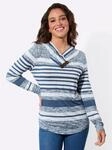 Langarmshirt CASUAL LOOKS "V-Shirt", Damen, Gr. 42, jeansblau, ecru, bedruckt,...