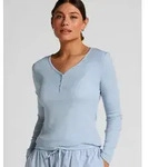Pyjama HUNKEM&Ouml;LLER "Henley-Pyjamatop mit langen &Auml;rmeln", Damen, Gr. S, blau,...