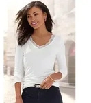 Langarmshirt LASCANA "mit Spitze", Damen, Gr. 48/50, wei&szlig; (creme), Jersey,