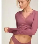 Pyjama HUNKEM&Ouml;LLER "super soft Lace V-Neck shirt with Cashmere", Damen, Gr. XS, rosa