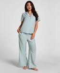 Pyjama HUNKEM&Ouml;LLER "Pyjama Pant Crinkled", Damen, Gr. XS, gr&uuml;n (blau), 74% Viskose,