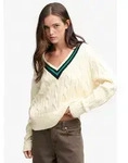 V-Ausschnitt-Pullover SUPERDRY "CLASSIC CABLE CRICKET KNIT", Damen, Gr. XS, beige