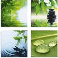 Artland Leinwandbild "Bl&auml;tter Wasser Zen Steinpyramide Tropfen" Zen 4 Stk. tlg. 4er