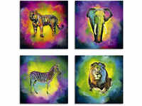 Artland Leinwandbild "Farbexplosion Elefant Löwe Zebra Tiger", Wildtiere, (4...