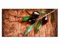 Glasbild ARTLAND "Oliven vor einem Holzhintergrund" Bilder Gr. B/H: 100 cm x 50...