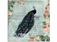 Artland Glasbild "Vintage Rosen und Pfau Illustration", Vögel, (1 St.), in