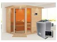 KARIBU Sauna Sinai 3 mit Zierkranz und Beleuchtung am Dach Ofen 9 KW externe...