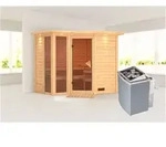 KARIBU Sauna Amara mit Zierkranz und Beleuchtung am Dach Ofen 9 kW integr. Strg