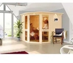 KARIBU Sauna Amelia 3 mit Zierkranz und Beleuchtung am Dach Ofen 9 kW Bio...