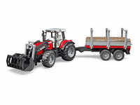 bruder Traktor Massey Ferguson 7480 mit Frontlader und Holztransportanhänger 2046