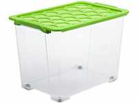 Rotho Aufbewahrungsbox EVO Safe mit Rollen und Deckel 65 L transparent/grün