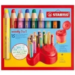 STABILO Set x 15 Stifte woody 3 in 1 + Spitzer mit Beh&auml;lter + Aufbewahrungstablett
