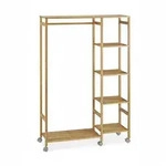 Relaxdays Rollgarderobe Bambus, mobiler Kleiderst&auml;nder, 6 Ablagen, offen,