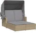 vidaXL Doppel-Sonnenliege mit Dach und Auflagen Beige Poly Rattan