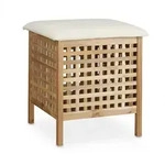 Relaxdays Badhocker Walnuss mit W&auml;schesammler, HBT:52x49x49cm, Sitzkissen Leinen,