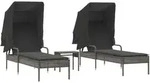 vidaXL Sonnenliegen 2 Stk. mit Dach und Tisch Grau Poly Rattan