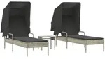 vidaXL Sonnenliegen 2 Stk. mit Dach und Tisch Hellgrau Poly Rattan