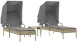 vidaXL Sonnenliegen 2 Stk. mit Dach und Tisch Beige Poly Rattan