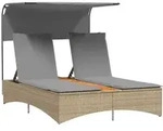vidaXL Doppel-Sonnenliege mit Dach und Auflagen Beige Poly Rattan