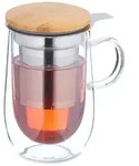 Relaxdays Teeglas, mit Edelstahl-Sieb, Bambusdeckel, Henkel, Volumen 430 ml,