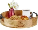 Relaxdays Tablett, rundes Serviertablett, Mangoholz, HxD: 7,5 x 35 cm, Holztablett