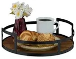 Relaxdays Tablett rund, Holz und Eisen, HxD 8,5x30,5 cm, Serviertablett, Griffe,