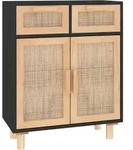 vidaXL Sideboard Schwarz 60x30x75cm Massivholz Kiefer und Natur-Rattan