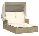 vidaXL Doppel-Sonnenliege mit Dach und Auflagen Beige Poly Rattan