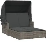 vidaXL Doppel-Sonnenliege mit Dach und Auflagen Grau Poly Rattan
