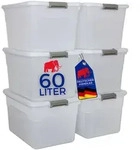 PROREGAL Aufbewahrungsbox mit Deckel 60L 6er Set Extra Gro&szlig; Rollen transparent