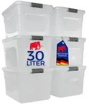PROREGAL Aufbewahrungsbox mit Deckel 30L 6er Set Klein transparent stapelbar