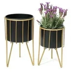 DanDiBo Blumenhocker mit Topf Metall Gold Schwarz Rund 2er Set Blumenst&auml;nder...