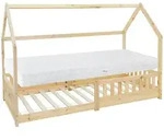 ML-Design Kinderbett 90x200 cm Natur mit Matratze H:16 cm, Rausfallschutz, Dach &