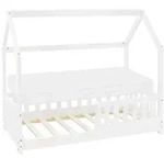 ML-Design Kinderbett 70x140 cm Wei&szlig; &ndash; Spielbett mit Matratze, Dach, Lattenrost und