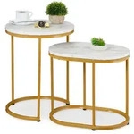 Relaxdays Satztisch, 2er Set, Beistelltisch rund & oval, Marmoroptik, Metallbeine,