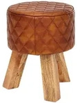 FineBuy Sitzhocker Echtleder 35x46x35 cm Fu&szlig;hocker Rund Lederhocker Massivholz