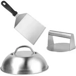 Relaxdays Smash Burger Set, 3-teilig, Burgerpresse mit Schmelzglocke & Grillspachtel,