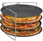 Relaxdays Pizzablech, 4er Set, mit Gestell, antihaftbeschichtet, Carbonstahl,