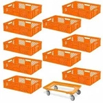 BRB 10 Euroboxen, 600x400x150 mm, lebensmittelecht, orange + Transportroller...