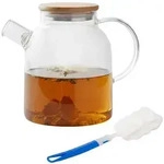 Relaxdays Teekanne Glas, Bambusdeckel, 1,8 Liter, mit Ausgusssieb, Glaskanne...