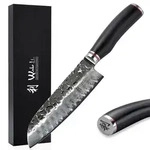 Wakoli EBO Damast Santokumesser I 18 cm Klinge mit Hammerschlag I schwarzer